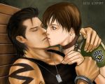  1boy 1girl asia_airport billy_coen black_hair blue_eyes brown_hair capcom choker couple cuffs dog_tags eyes_closed female fingerless_gloves gloves handcuffs hug jewelry kiss kissing lipstick love lowres male necklace police_uniform rebecca_chambers resident_evil resident_evil_0 short_hair tank_top tattoo uniform 