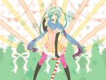  :q ahoge arishiki boots candy_cane cross-laced_footwear elbow_gloves fingerless_gloves gloves green_eyes green_hair hatsune_miku headphones highres knee_boots lace-up_boots long_hair pantyhose scarf skirt smile snowflakes solo tongue twintails vocaloid 