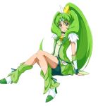  1girl arm_warmers bike_shorts boots choker cure_march gloves green_eyes green_hair long_hair looking_at_viewer midorikawa_nao nanashishi ponytail precure shorts_under_skirt simple_background sitting skirt smile_precure! solo teal_bike_shorts tiara white_background 