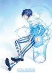  blue_eyes blue_hair boots glass ice kaito kazeto male scarf smile solo striped striped_legwear vertical-striped_legwear vertical_stripes vocaloid 