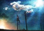  cloud highres hono_mochizuki ladder lens_flare lonely long_hair original power_lines railroad_signal scenery sitting skirt solo star_(sky) sunset traffic_light 