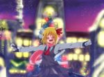  ^_^ blonde_hair blush building christmas closed_eyes eyes_closed fangs hair_ribbon kinopi318 mittens open_mouth outstretched_arms pillar ribbon rumia scarf short_hair skirt skirt_set solo spread_arms star takorice the_embodiment_of_scarlet_devil touhou tree youkai 