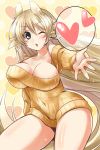  1girl aqua_eyes bare_shoulders blonde_hair bottomless breasts cleavage curvy female fox_ears heart highres hips large_breasts long_hair mound_of_venus naked_sweater navel ninetales paopao personification pokemon reaching_out solo sweater thighs very_long_hair wide_hips wink 