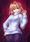  arcueid_brunestud blonde_hair breasts chain chains hand_on_hip kaizeru lips red_eyes short_hair skirt smile solo sweater tsukihime turtleneck 