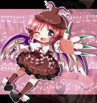  ayu_(iyokanya) blush chibi claws fingernails hand_on_own_chest hat kneehighs letterboxed long_fingernails musical_note mystia_lorelei nail_polish no_nose outstretched_hand solo touhou wink zoom_layer 