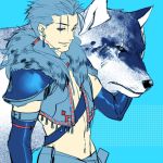  alternate_costume aqua_background armor blue blue_hair earrings fate/stay_night fate_(series) jewelry lancer long_hair male polearm ponytail red_eyes sanbonzakura scar solo spear vest weapon wolf 