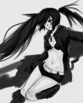  bikini_top black_hair black_rock_shooter black_rock_shooter_(character) boots flat_chest hooded_jacket knee_boots long_hair midriff monochrome navel open_clothes open_jacket pas_(paxiti) scar shorts solo twintails work_in_progress 
