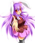  animal_ears black_legwear blush bunny_ears jacket long_hair necktie open_mouth outstretched_hand projectwildarms purple_hair red_eyes reisen_udongein_inaba rody_(hayama_yuu) shirt skirt smile solo thigh-highs thighhighs touhou zettai_ryouiki 