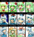  =_= animal_ears blue_dress blue_eyes blue_hair blush chibi dog_ears dog_tail dress ex-keine expressive_clothes facial_mark fang green_dress green_hair hat horn_ribbon horns kamishirasawa_keine kemonomimi_mode minigirl pumpkin pumpkin_hat rebecca_(keinelove) rebecca_(naononakukoroni) red_eyes ribbon sitting tail touhou v_arms wavy_mouth wings 