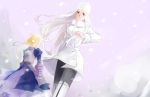  armor armored_dress blonde_hair boots dress dutch_angle fate/stay_night fate/zero fate_(series) gauntlets hat irisviel_von_einzbern istkeinmal long_hair multiple_girls pantyhose red_eyes saber thigh-highs thigh_boots thighhighs white_hair 