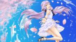  1girl :d bare_shoulders blue_eyes bracelet clouds din_(raiden) dress frilled_dress frills high_heels highres jewelry open_mouth outstretched_arm outstretched_hand petals purple_hair shoes sky smile sundress toenail_polish vocaloid yuzuki_yukari 
