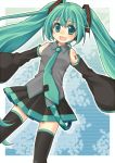  :d ako_(nryo) detached_sleeves green_eyes green_hair hatsune_miku long_hair moriya_ako necktie open_mouth outstretched_arms skirt smile solo thigh-highs thighhighs twintails very_long_hair vocaloid 