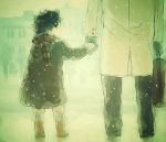  black_hair boots child emiya_kiritsugu fate/stay_night fate/zero fate_(series) hand_holding hastune holding_hands male scarf snow snowing suitcase winter_clothes young 