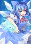  blue_eyes blue_hair bow cirno dress hair_bow highres ice ice_wings open_mouth short_hair smile sola_(sola04) solo touhou wings 