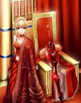  absurdres aestus_estus ahoge alternate_costume bad_id blonde_hair choker dress fate/extra fate/stay_night fate_(series) green_eyes hair_ribbon highres rhy1356 ribbon robe saber_extra solo sword throne weapon 