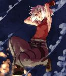  428 armpits arms_up bare_arms blonde_hair boots canaan canaan_(character) dark_skin highres hinomoto_madoka jewelry jumping necklace night night_sky red_eyes short_hair sky sleeveless sleeveless_turtleneck solo turtleneck 