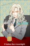  ad cup engrish formal grey_hair hair_ornament hairclip honey lips long_hair male midworld necktie pale_skin ranguage solo spoon suit tea teacup tiger_&amp;_bunny yuri_petrov 