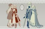  agrias_oaks ahoge armor armored_dress atn-jijifyg blonde_hair blue_eyes boots braid breasts cape cleavage cloak coat crossover dress excalibur eye_contact fate/stay_night fate/zero fate_(series) final_fantasy final_fantasy_tactics gloves hand_on_shoulder hat holding_hands irisviel_von_einzbern knight long_hair look-alike looking_at_another monochrome multiple_girls muted_color muted_colors ovelia_atkascha princess puffy_sleeves red_eyes saber single_braid sword thigh_boots thighhighs trait_connection weapon white_hair 