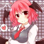  alternate_hairstyle bat_wings blush breasts chiya dress_shirt head_wings heart koakuma long_sleeves necktie plaid plaid_background red_eyes red_hair redhead shirt short_hair smile solo the_embodiment_of_scarlet_devil thought_bubble touhou vest wings 