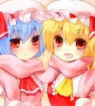  ascot blonde_hair blue_hair blush colored_eyelashes dress fang flandre_scarlet hat hat_ribbon highres multiple_girls open_mouth pink_dress red_dress red_eyes remilia_scarlet ribbon sad_fuka scarf shared_scarf siblings side_ponytail sisters smile touhou wavy_mouth 