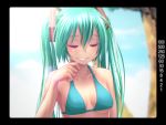  aqua_hair bare_shoulders bikini_top blurry breasts closed_eyes collarbone depth_of_field eyes_closed face green_hair grin halterneck hand_to_mouth hands hatsune_miku lips long_hair shiny shiny_skin sideboob smile solo swimsuit tree twintails under_boob underboob very_long_hair viewfinder vocaloid wokada wokada_(takouji) 