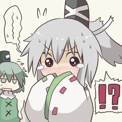  2girls blush commentary covering covering_face covering_mouth dress flat_gaze green_dress green_eyes green_hair grey_hair hat himegi japanese_clothes kariginu mononobe_no_futo multiple_girls ponytail simple_background soga_no_tojiko surprised tate_eboshi tears touhou translated translation_request white_background 