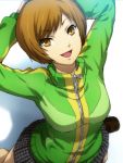  brown_eyes brown_hair hairu hands_on_head open_mouth persona persona_4 satonaka_chie short_hair solo 