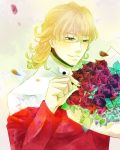  barnaby_brooks_jr blonde_hair bouquet flower glasses green_eyes jacket jewelry male necklace red_jacket rikoko rose solo tiger_&amp;_bunny 