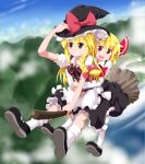  blonde_hair broom broom_riding brown_eyes hug hug_from_behind kirisame_marisa long_hair multiple_girls open_mouth red_eyes ribbon rumia the_embodiment_of_scarlet_devil touhou tsurukou_(tksymkw) youkai 