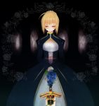  ahoge bad_id blonde_hair blue_rose closed_eyes dress excalibur eyes_closed fate/stay_night fate/zero fate_(series) flower potako rose saber solo sword title_drop weapon 
