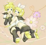  1girl blonde_hair blue_eyes brother_and_sister flower graphite_(medium) hair_ribbon hand_holding hands_clasped headphones heart heart_of_string holding_hands interlocked_fingers kadokoa kagamine_len kagamine_rin looking_back mixed_media open_mouth ribbon short_hair shorts siblings smile traditional_media twins vocaloid 