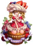  berries blonde_hair blue_eyes cake character_request choker cupcake drill_hair english finger_to_mouth food food_as_clothes food_on_head food_themed_clothes frills fruit in_food jewelry lace lips lolita_fashion long_hair minigirl muffin obsidian24 original personification petticoat raspberry ring seiza shushing simple_background sitting solo strawberry twintails white_background 