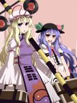  :d blonde_hair blue_hair bow dress food fruit hat hinanawi_tenshi long_hair multiple_girls open_mouth peach purple_eyes purple_hair railroad_crossing red_eyes smile suitcase touhou tsumidango violet_eyes yakumo_yukari 