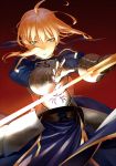  ahoge armor blonde_hair excalibur fate/stay_night fate/zero fate_(series) gauntlets green_eyes hair_ribbon open_mouth ribbon saber short_hair solo sword tef weapon 