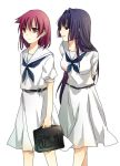  2girls arms_behind_back bag black_hair handbag hirose_sumire long_hair miyanaga_teru multiple_girls open_mouth red_eyes red_hair redhead saki sao_(0060) school_uniform serafuku short_hair simple_background very_long_hair white_background 