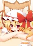  beni_shake blonde_hair blush chair crimson_shake crossed_arms cup fang flandre_scarlet hat hat_ribbon open_mouth red_eyes ribbon side_ponytail sitting smile solo table teacup the_embodiment_of_scarlet_devil touhou wings 