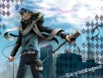  blue_eyes blue_hair casual cityscape earphones hooded_jacket kaito male microphone microphone_stand scarf sky solo soukaikei_non vintage_microphone vocaloid wind 