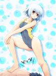  bare_shoulders barefoot ben-tou breasts competition_swimsuit emoticon koumori_usagi navel one-piece_swimsuit red_eyes short_hair silver_hair swimsuit trembling yarizui_sen 