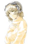  brown_hair face hand_on_own_chest headphones horns original ribbed_sweater shiba_itsuki short_hair simple_background sleeves_past_wrists smile solo sweater white_background yellow_eyes 