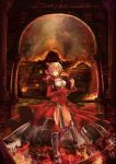  ahoge blonde_hair breasts cleavage closed_eyes destruction dress epaulettes eyes_closed fate/extra fate/stay_night fate_(series) fire greaves hair_ribbon harp instrument jianren lyre pillar ribbon saber_extra see-through solo 