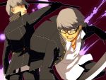  dark_persona dual_persona fujino_miyabi glasses grey_eyes grey_hair katana narukami_yuu persona persona_4 school_uniform short_hair smile sword weapon yellow_eyes 