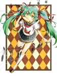  argyle argyle_background checkered checkered_background green_eyes green_hair hair_ribbon hatsune_miku kneehighs loafers long_hair looking_up mouth_hold musical_note pleated_skirt ribbon school_uniform serafuku shoes skirt solo t-okada toast toast_in_mouth twintails very_long_hair vocaloid 