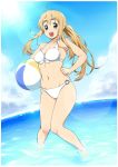  ahoge alternate_hairstyle ball beachball bikini blonde_hair blue_eyes cloud front-tie_top hips jkp423 k-on! komase_(jkp423) kotobuki_tsumugi lens_flare long_hair navel o-ring_bottom ocean open_mouth ponytail sky solo sunlight swimsuit twintails wading water white_bikini wide_hips 