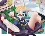  1girl bare_legs bare_shoulders blue_eyes calendar_(object) chair coffee computer computer_keyboard contemporary crossed_legs desk green_hair hat headphones keyboard legs_crossed office_chair shikieiki_yamaxanadu short_hair sitting skirt solitaire solo stuffed_toy touhou urabe_michiru 