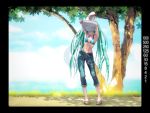  aqua_hair armpits arms_up bikini bikini_top blue_jeans blush denim flat_chest grass green_hair hatsune_miku jeans long_hair midriff nail_polish navel ocean pants_rolled_up shirt_lift smile solo swimsuit toenail_polish toned tree tree_shade twintails under_tree undressing viewfinder vocaloid wokada wokada_(takouji) 