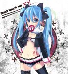  blue_eyes blue_hair bra earrings hair_ribbon hand_on_hip hatsune_miku hips jacket jewelry kazahana lace-trimmed_panties lingerie long_hair mouth_hold navel no_pants panties ribbon scarf solo striped striped_panties tattoo thigh-highs thighhighs twintails underwear very_long_hair vocaloid 