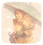  1girl age_difference bad_id blush braid brown_hair carrying coat facial_hair father_and_daughter gloves kaburagi_kaede kaburagi_t_kotetsu pale_color pale_colors pon_(cielo) scarf short_hair shoulder_carry snowing stubble tiger_&amp;_bunny umbrella 