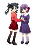  black_legwear blue_eyes brown_hair child dress fate/stay_night fate/zero fate_(series) hair_ribbon hand_holding holding_hands matou_sakura mgk968 multiple_girls purple_eyes purple_hair ribbon siblings sisters thigh-highs thighhighs tohsaka_rin toosaka_rin twintails violet_eyes young 