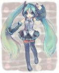  aqua_eyes aqua_hair boots camomi detached_sleeves hatsune_miku headset long_hair necktie open_mouth skirt solo thigh-highs thigh_boots thighhighs twintails very_long_hair vocaloid 
