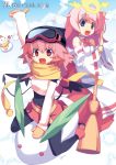  2girls blush_stickers broom detached_sleeves goggles goggles_on_head japanese_clothes long_hair miko multiple_girls open_mouth original pink_hair smile snow_bunny sumaki_shungo 